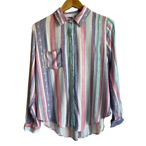 NWOT En Crème Striped Button Up Bohemian Southwestern Print Shirt Size Medium Ca - Picture 2 of 14